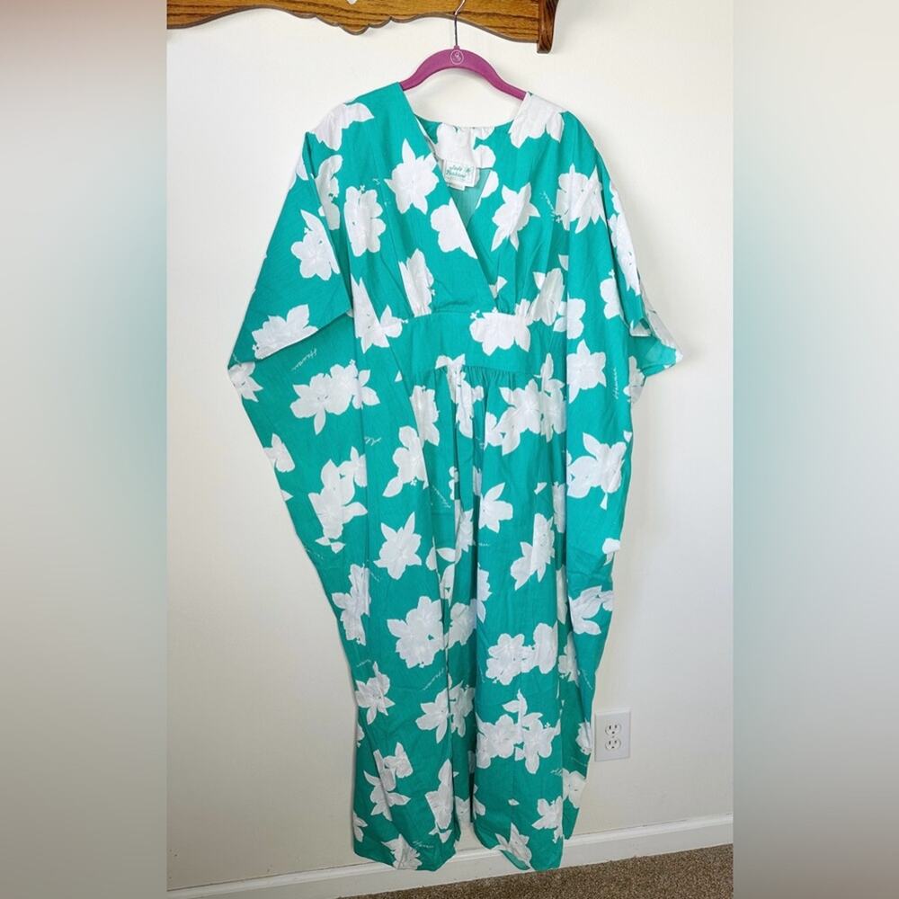 Vintage Jade Fashions Teal Green Hibiscus Floral Caftan Maxi Dress One Size